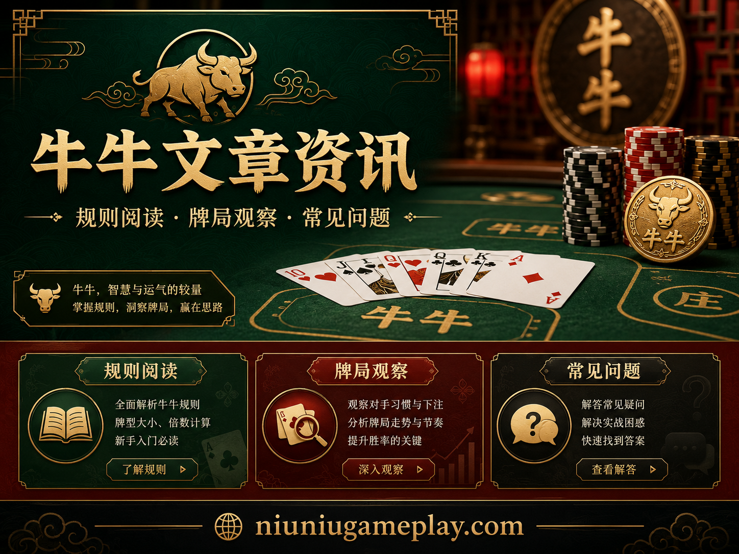 牛牛文章资讯与牌局观察栏目图，展示牌面案例和内容入口