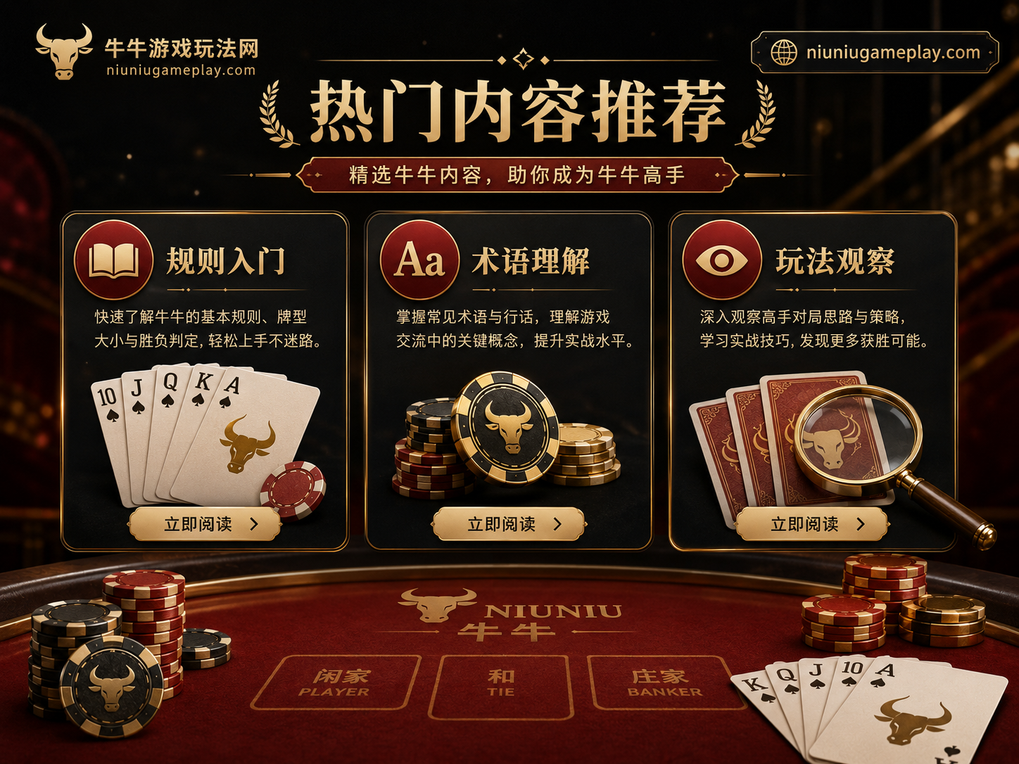 牛牛游戏热门内容推荐图，包含规则入门、术语理解和玩法观察栏目