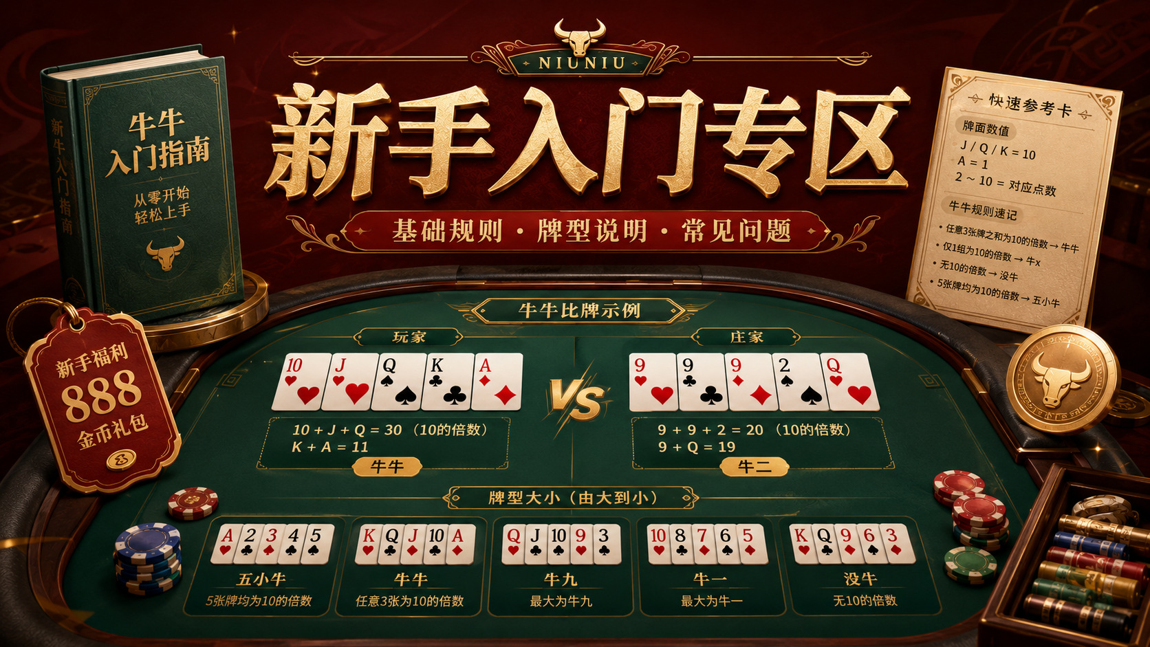 牛牛新手入门专区，展示基础规则、牌型说明和常见问题